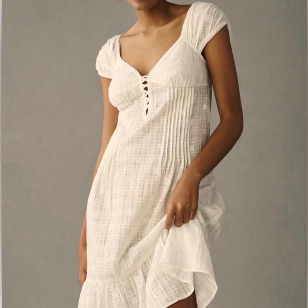 NWT Anthropologie Cap Sleeve Lace Up Babydoll Dress White Size S - Picture 2 of 6